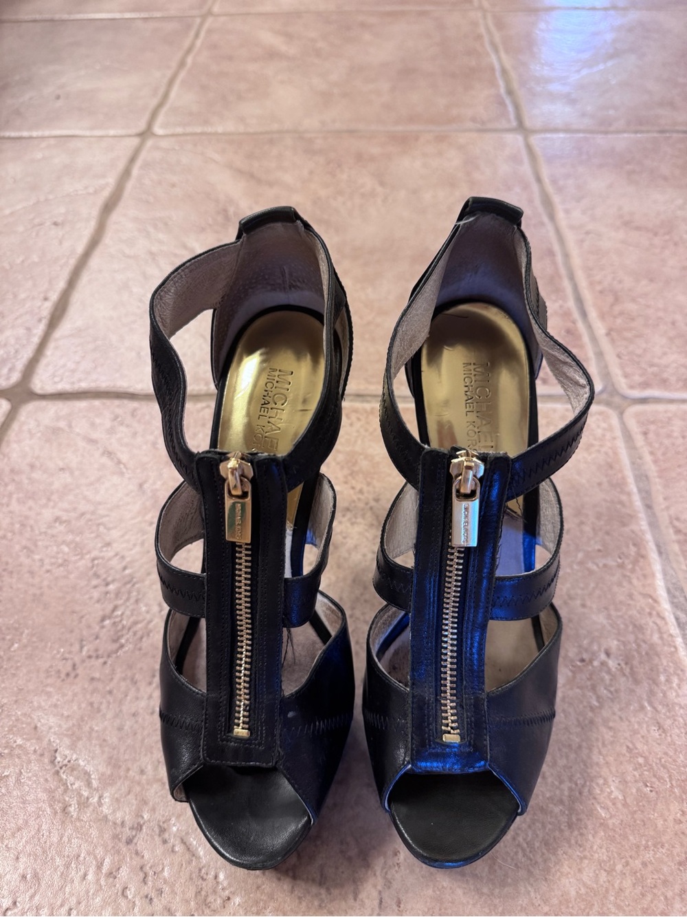 Michael Kors Black Leather Strappy Peep-Toe Heels with Gold Zipper